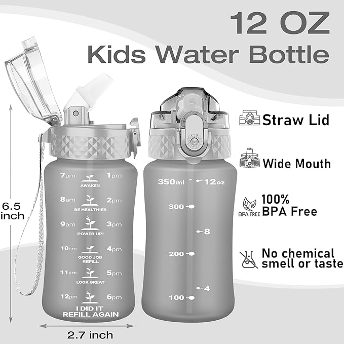 OLDLEY Kids Water Bottle for School, 12 oz (Straw Lid) BPA-Free Reusable Leak-proof Durable Tritan Plastic Water Bottles with One-handed Opening Straw Lids, Anti-dust Spout Cover (Grey)