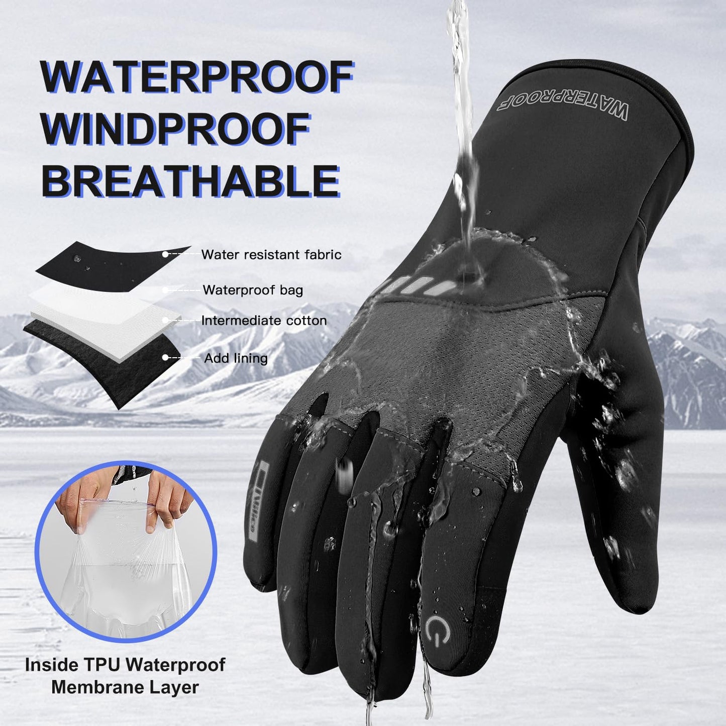Vilico Winter Gloves for Men Women Cold Weather,Waterproof Winter Bike Gloves for Men Warm with Touchscreen Fingers,for Cycling,Driving,Motorcycle