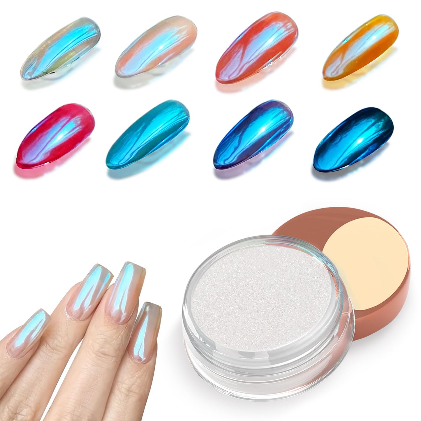 Allstarry Unicorn Chrome Nail Powder, Aurora Mermaid Iridescent White Pearl Nail Chrome Powder Pigment Glitter Fairy Dust for Nail Art, Manicure, Gel Nail Polish - Blue Aurora