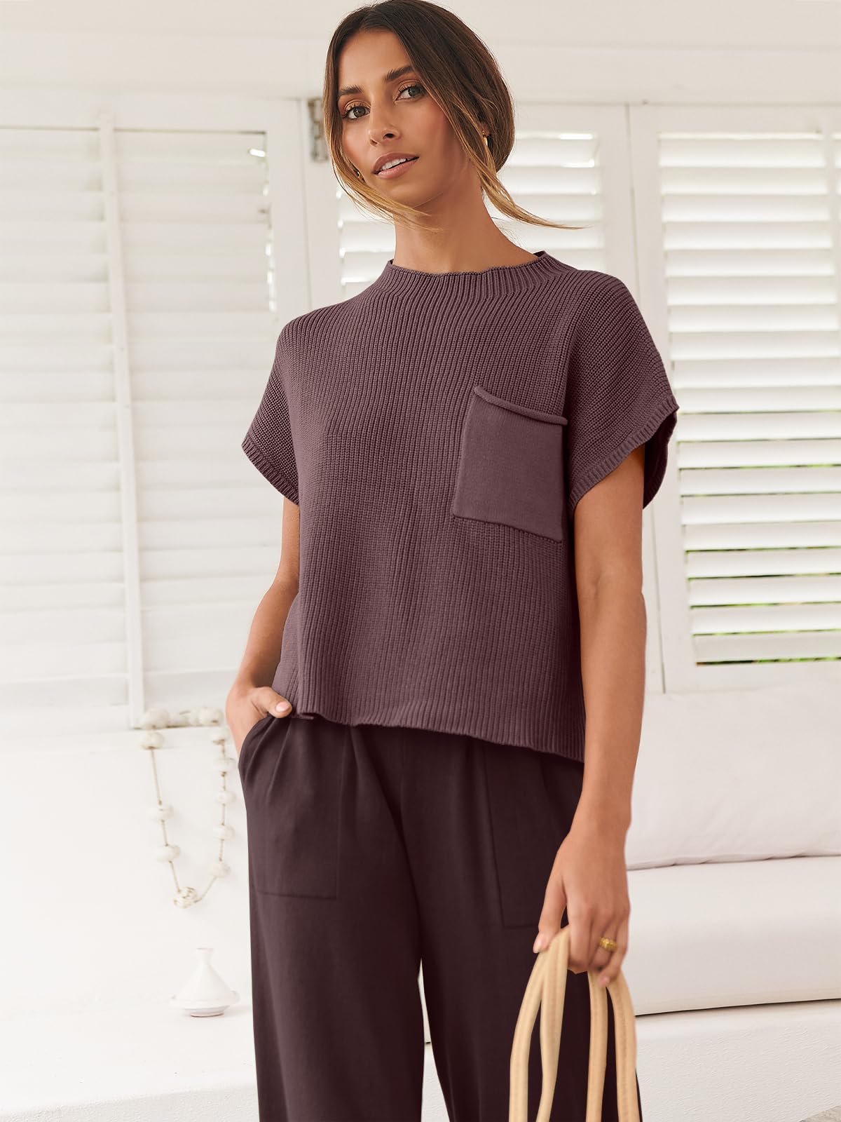 ANRABESS Women's Two Piece Outfits Knit Sweater Pullover Crop Top & Pants Lounge Matching Tracksuit Sweatsuit Sets 2024 Trendy Loungewear Clothes Nutmeg X-Small