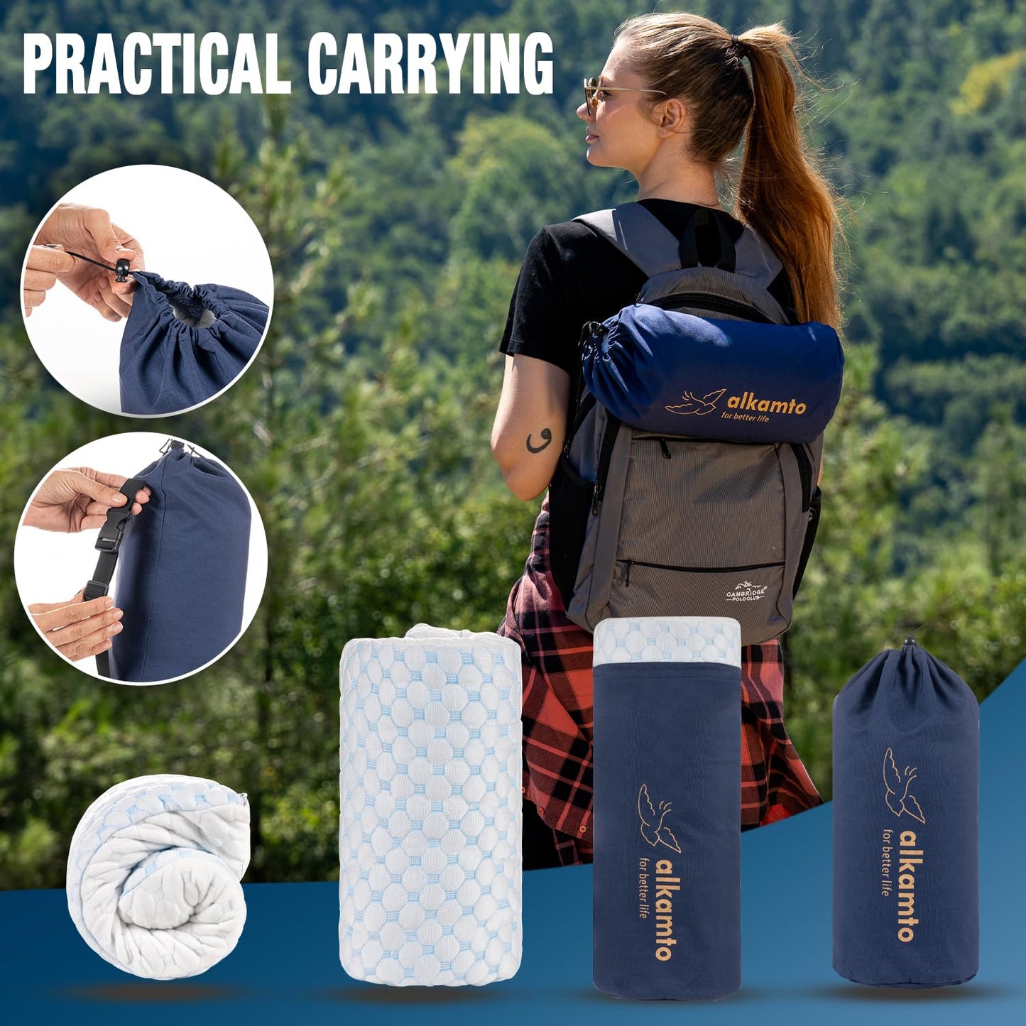 alkamto Cooling Shredded Memory Foam Pillow for Travel and Camping – Adjustable Gel for Personalized Support – Double-Sided Ice Silk & Soft Rayon – Lightweight, Compressible (White) (Travel)