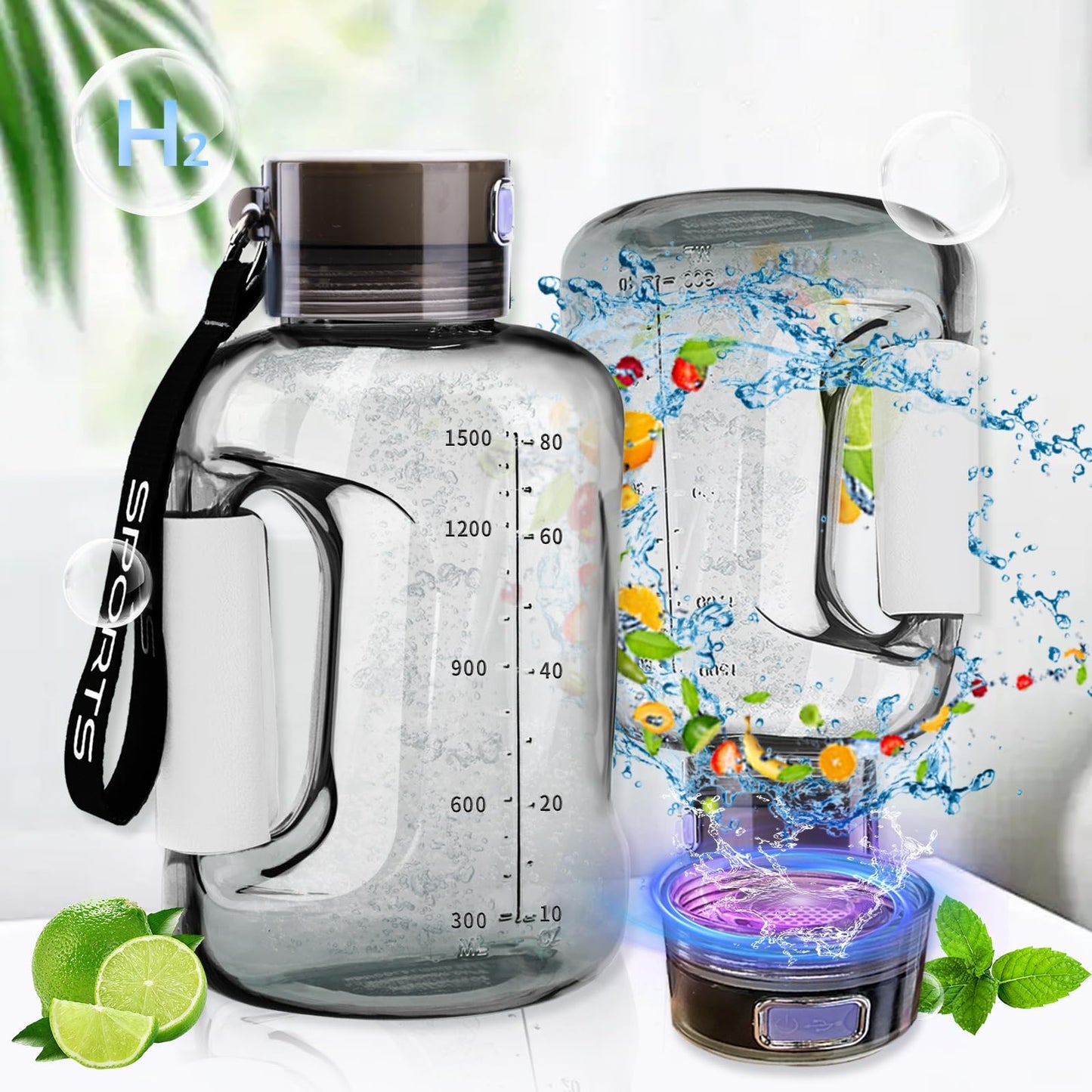 1.5 Liter Hydrogen Water Bottle, Hydrogen Water Bottle, Hydrogen Water Bottle, Portable Hydrogen Water Dispenser, Food Grade Material Sports Water Bottle(Color:Gray)