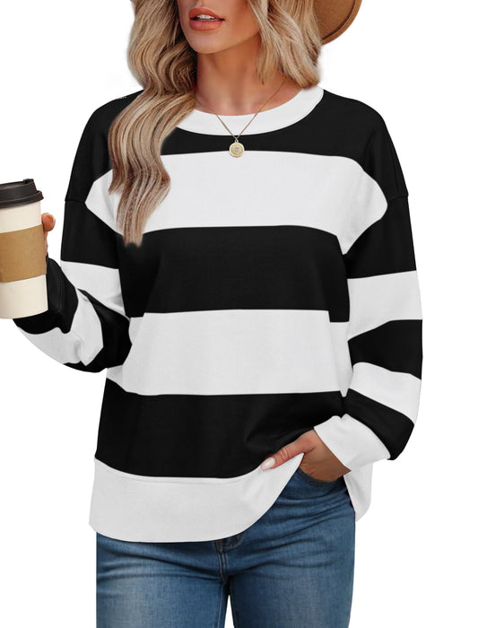 Aokosor Crewneck Sweatshirts Women Long Sleeve Tops Color Block Striped Black and White Sweaters for Women XL