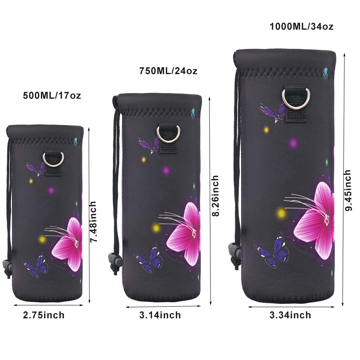 RICHEN Neoprene Water Bottle Carrier Bag with Adjustable Shoulder Strap,Insulated Water Bottle Cover for 500ml/16oz Stainless Steel/Glass/Plastic Bottles (Colorful Flowers,500ML)