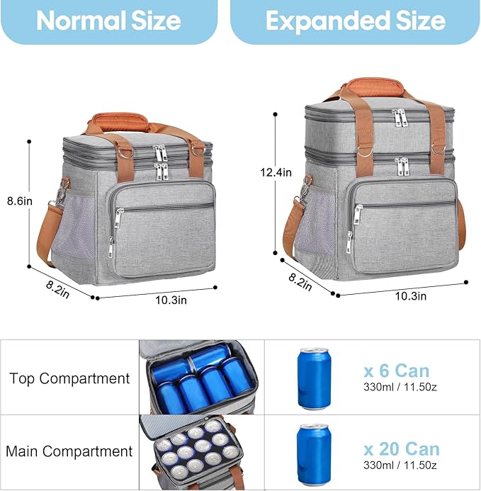 GLENKEY Double Deck Insulated Lunch Box, Expandable Large Lunch Bag Leakproof Cooler Bag Lunch Pail for Men Women Adults Work Shifts Travel Daytrip, Grey