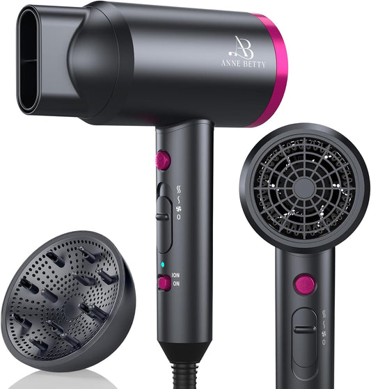 ANNE BETTY Ionic Hair Dryer with Diffuser, Powerful 1800W Blow Dryer for Women & Men, Fast-Drying Hair Dryer with Nozzle for Home, Salon, Travel