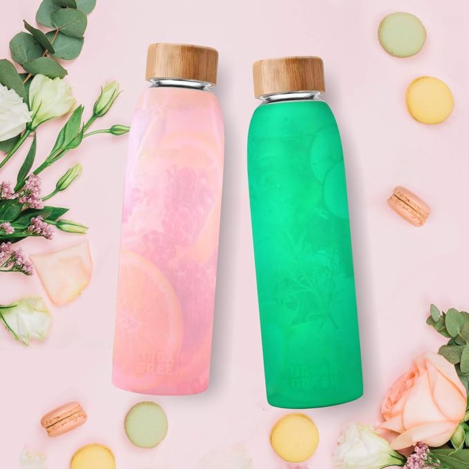 Urban Green Glass Water Bottle with Protective Silicone Sleeve and Bamboo Lid, 18oz, 1extra 304 Stainless Steel Lid with Handle, BPA Free, Dishwasher Safe, Valentine Gift