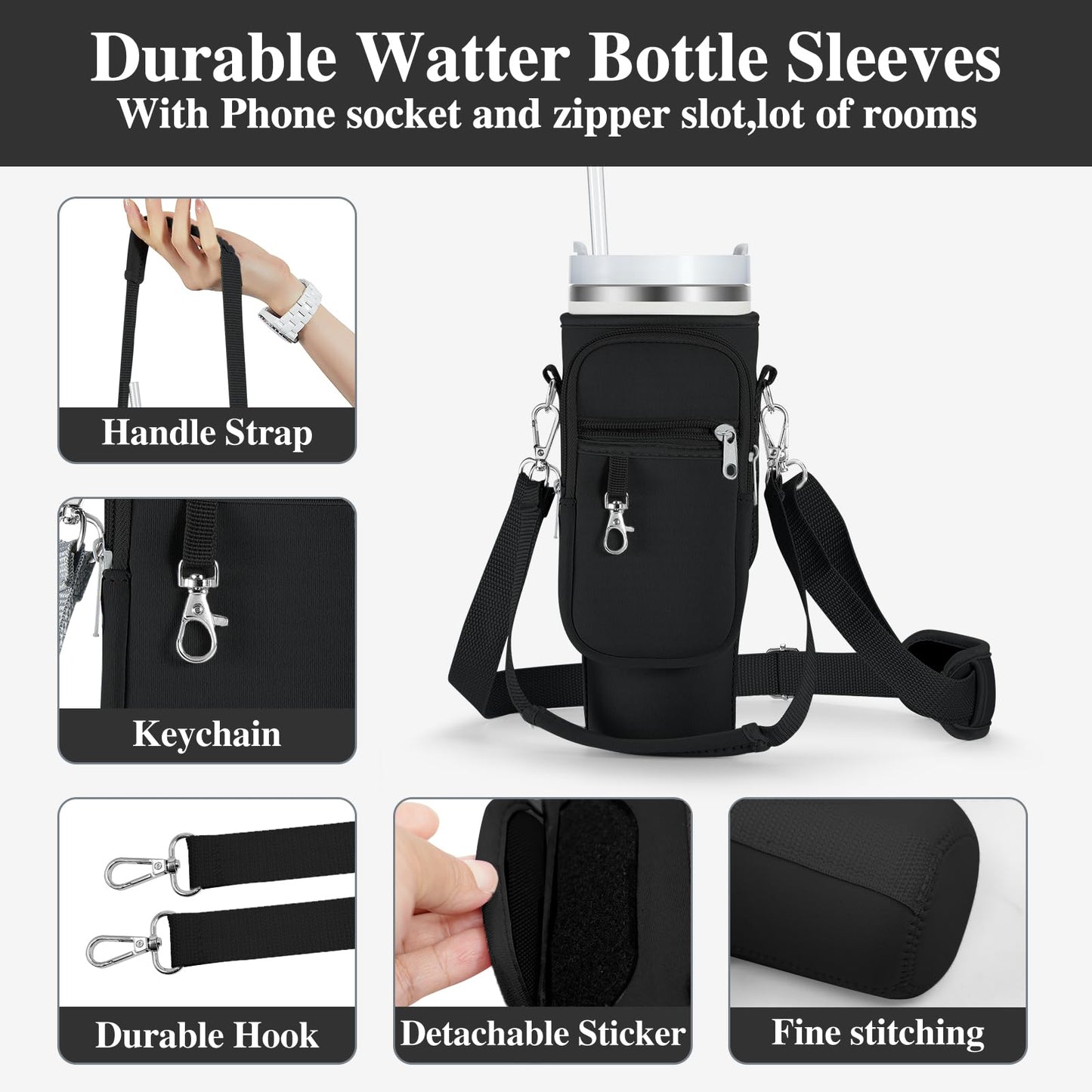 linmaya Water Bottle Carrier Bag with Phone Pocket for Stanley Cup 40/30oz,Insulated Neoprene Water Bottle Holder Cross-boday Bag with Adjustable Shoulder & Handheld Strap Stanley Cup Accessories