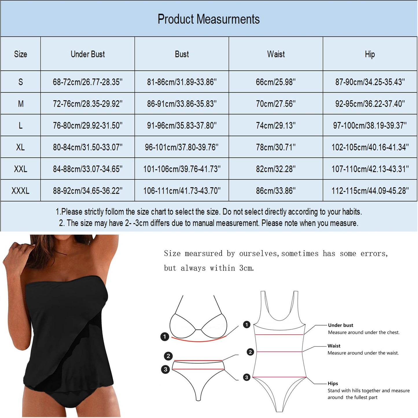 JEUROT 2 Piece Bandeau Swimsuits for Women Strapless Bathing Suits Tummy Control Flowy Swimwear with High Waisted Bottom Swim Suits 2024 Beach Vacation Outfits (Black, XXL)