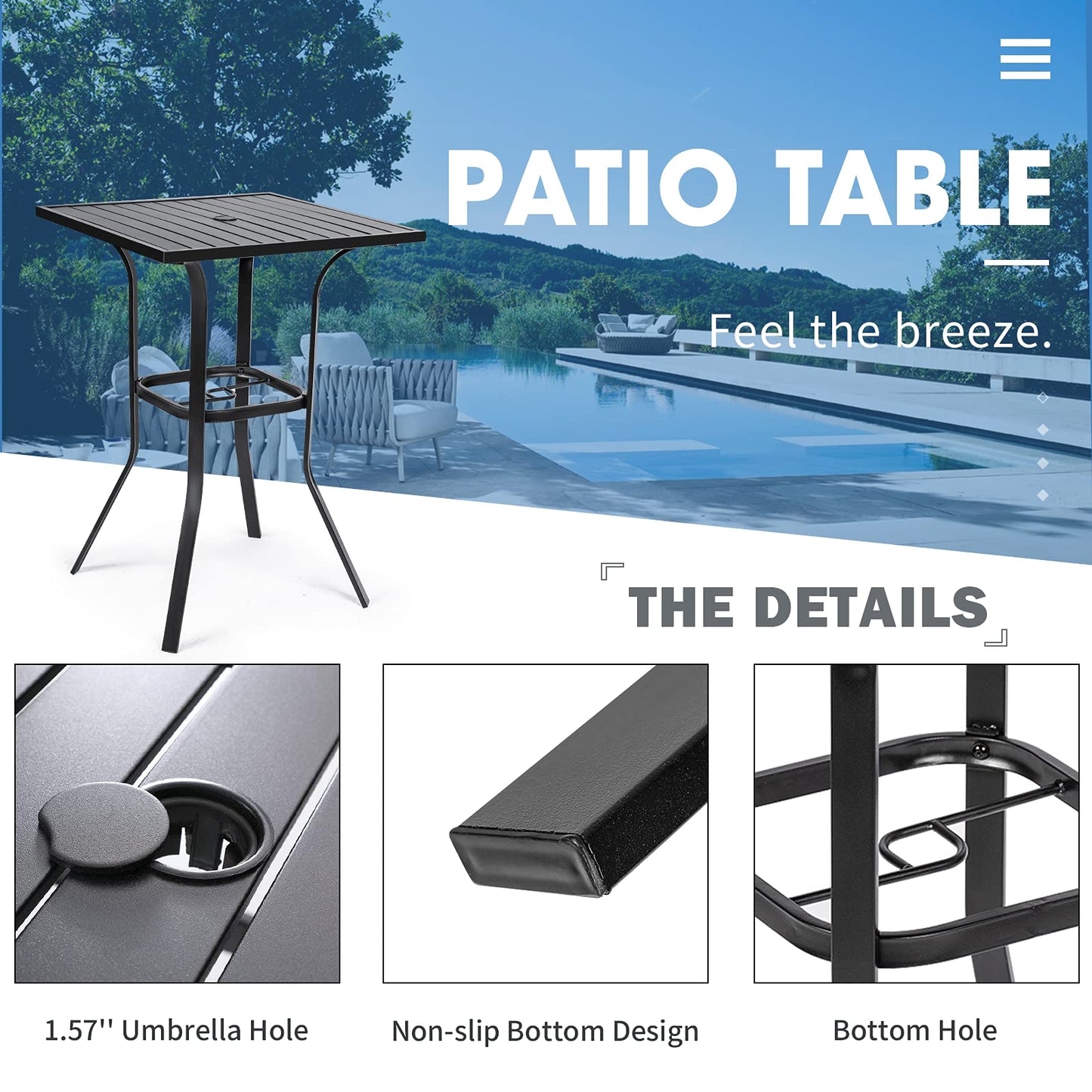 Incbruce Patio High Bar Table, 39" Height Bistro Table with 1.57'' Umbrella Hole, Square Outdoor High Top Table Metal Steel Frame and Slat Design (Slatted Tables Top), Black