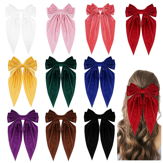 10 PCS Big Hair Bows for Women Girls,Velvet Large Hair Ribbon Bow Barrette Clips for Girls,Hair Bows with Long Tail Vintage French Hair Accessories for Women(velvet)