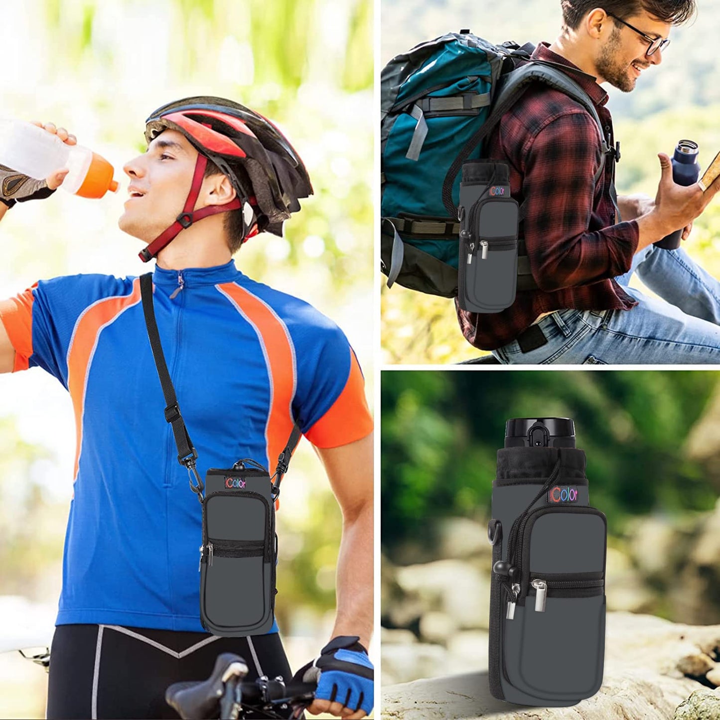icolor Water Bottle Carrier Bag Holder 25/32/40/64oz,Adjustable Shoulder & Handle Strap Sports Sling Hiking Pack,Insulated Neoprene Wide Mouth Bottle Sleeve