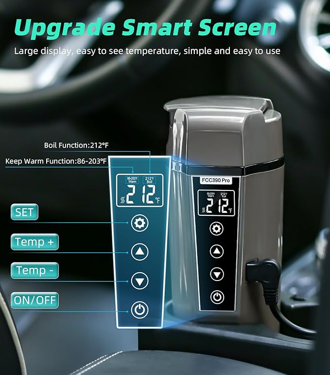 Portable Electric Car Kettle: 12V/24V Kettle Mini Water Boiler for Car Heated Travel Mug,Smart Precision Temperature Adjustment Coffee Tea Truck Cup with Handy Kettle Bag (Taupe, 400ML)