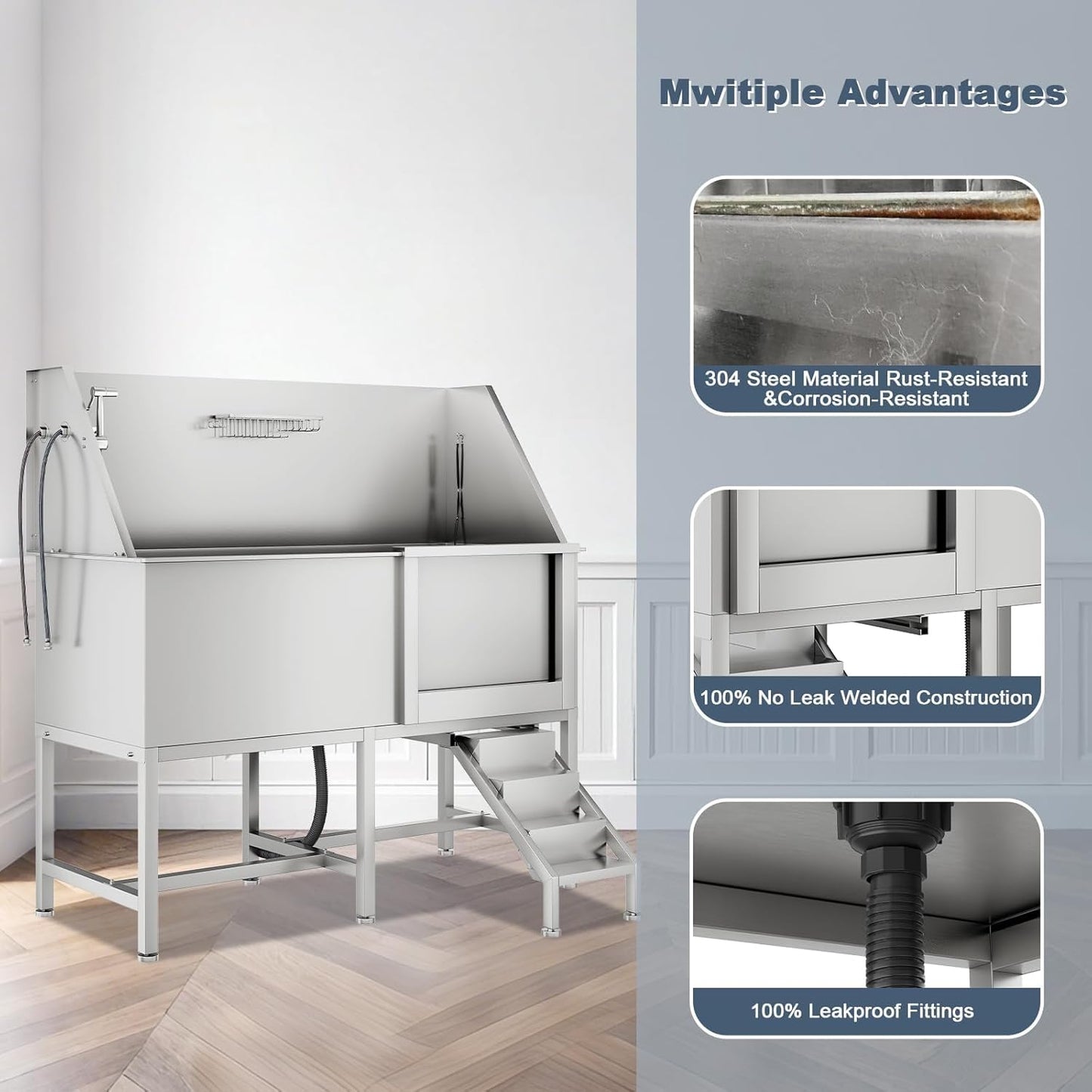 62" Professional Stainless Steel Dog Bathing Tub for Large Dogs， Heavy Duty Pet Washing Station with Non-Slip Floor Grate, Bath Brush & Washing Gloves，Right Door Design for Easy Access (Fits Pets)