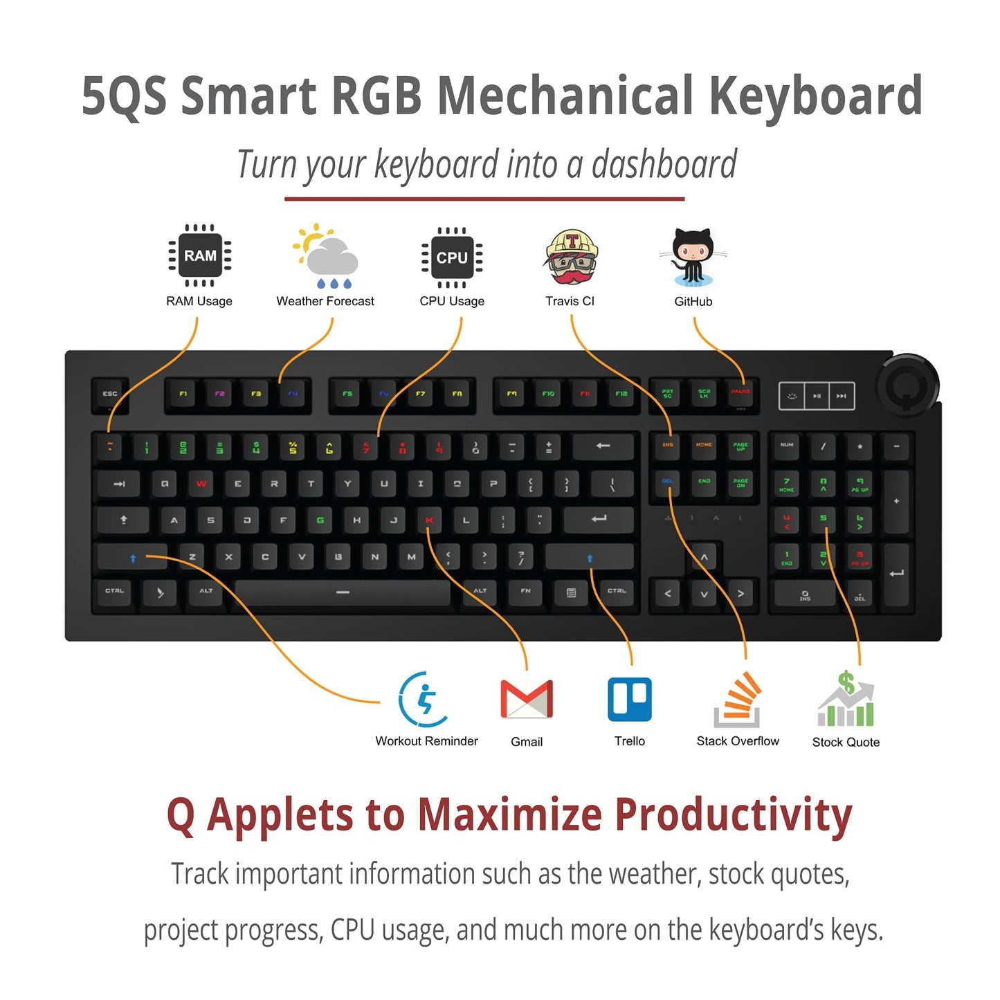 Das Keyboard 5QS Smart RGB Programmable Mechanical Keyboard for Work & Gaming, Soft Tactile Mechanical Switches, Built-in RGB Profiles, Palm Rest, Volume Knob, Aluminum Top (104 Keys, Black)