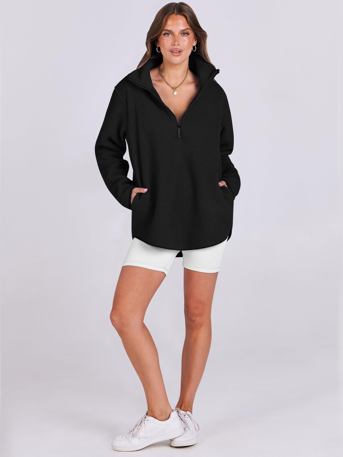 ANRABESS Women Oversized Sherpa Fleece Half Zipper Sweatshirts Fuzzy Collared Quarter Zip Pullover 2024 Fall Winter Clothes Black Small