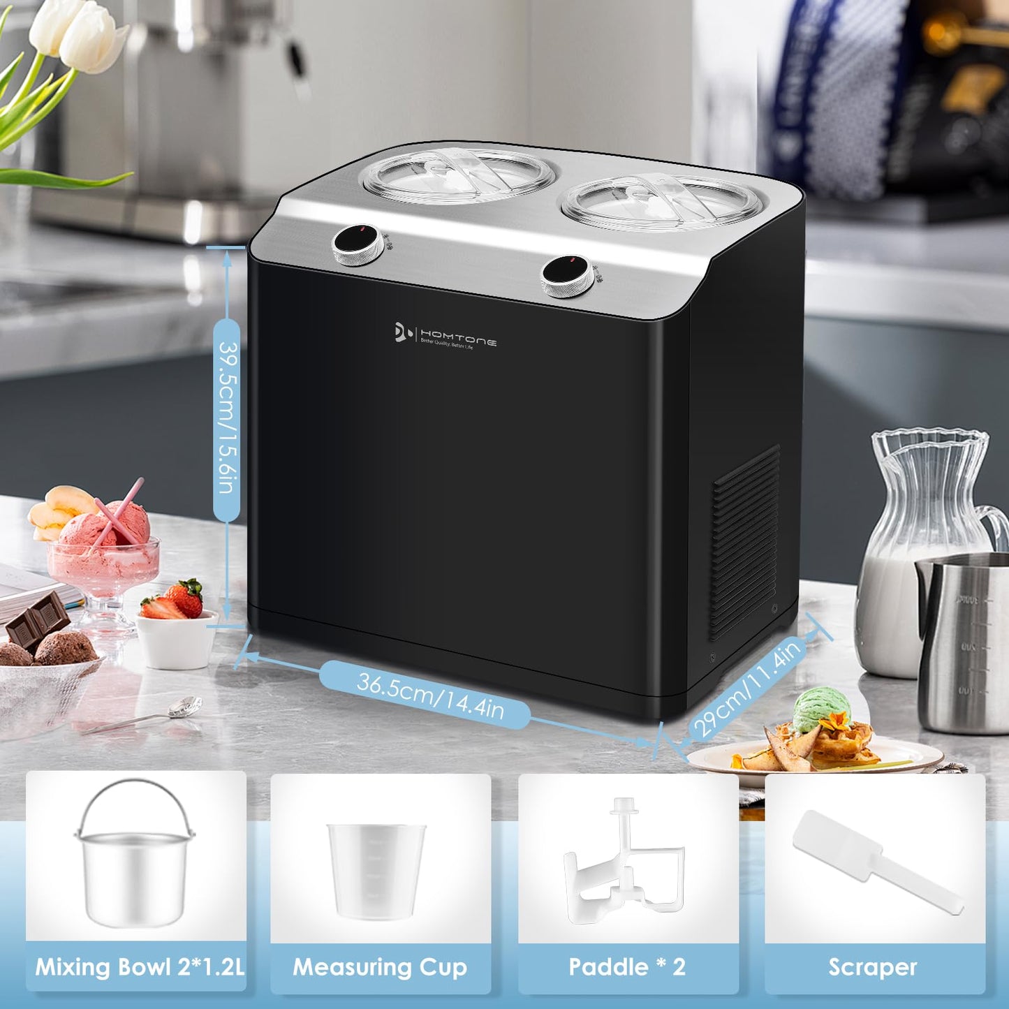 Homtone 2 Flavor Ice Cream Maker, 2.6QT (2 x 1.3qt) Compressor Largest Capacity & Fast Freezing Ice Cream Machine with 2 Bowls, Easy Operate & Clean Ice Cream Maker, 3 Modes