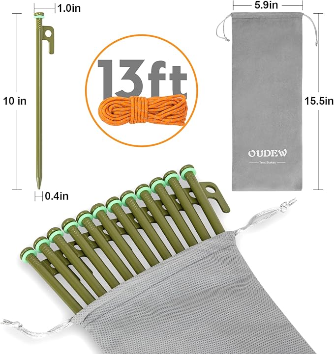10 inch Tent Stakes Heavy Duty 12 PCS Camping Tent Stakes for Yard and Ground with Reflective Camping Ropes and Pegs Bag(ArmyGreen)