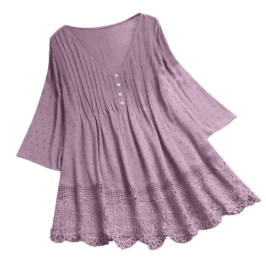Aniywn Women Round Neck Lace Up Lace Patchwork Flare Pullover Top Casual Plus Size 3/4 Sleeve Floral Printed T-Shirt