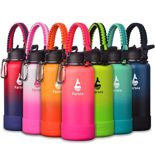 Farsea Insulated Water Bottle With Paracord Handle, Protective Silicone Boot and 2 Lids (Straw Lid & Spout Lid), Stainless Steel Water Bottle Wide Mouth, Double Wall Sweat-Proof BPA-Free, 32 oz