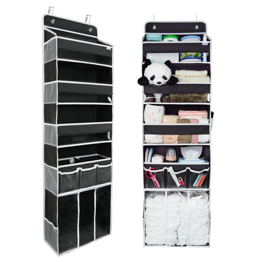 Door Hanging Storage Organizer,with 3 Bins 1 Movable Baby Diaper Caddy,1 Large capacity diaper stacking storage Organizer,10 Side Pockets,Bedroom Door Storage for Nursery Baby Essentials. (Dark grey)