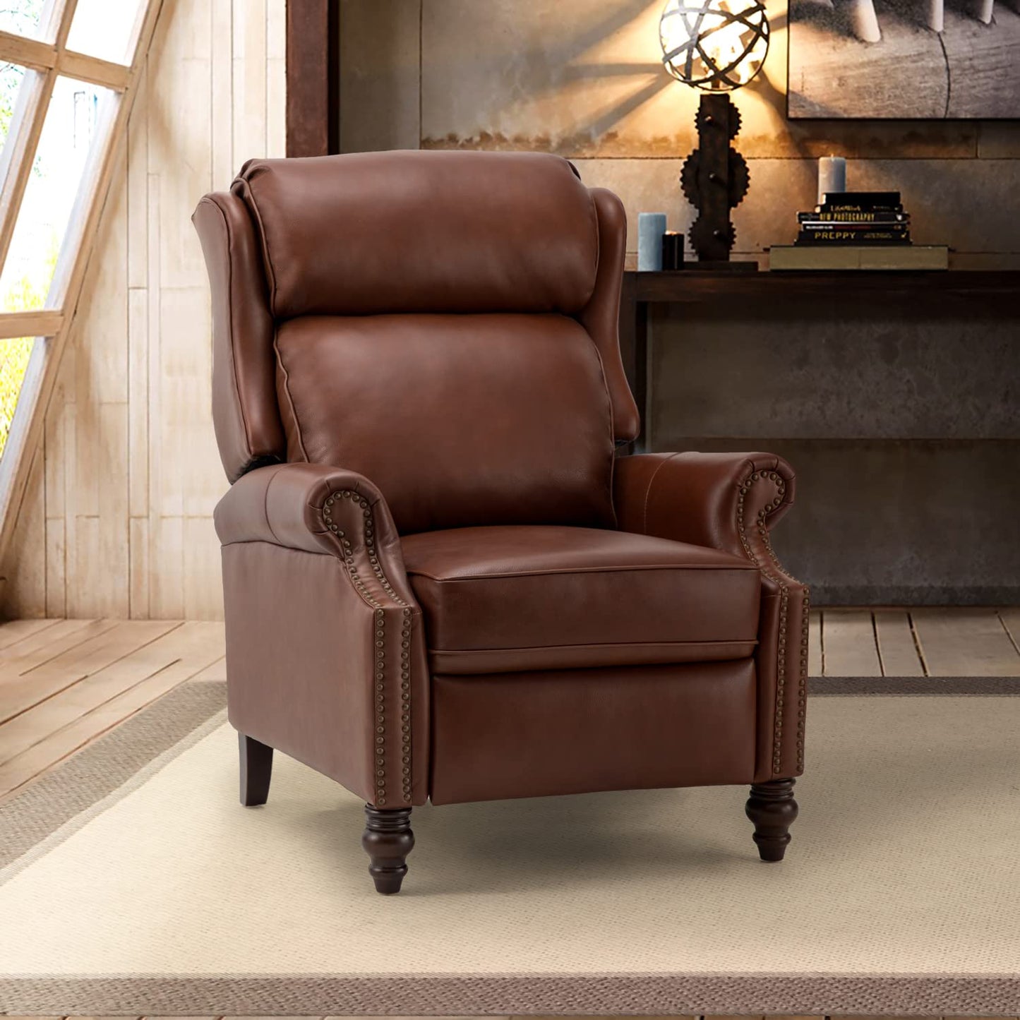 HULALA HOME Genuine Leather Recliner Chair, Traditional Manual Pushback Comfy Seating for Living Room, Thick Cushion & Solid Wood Legs, Wingback Recliner with Nailhead Trim, Brown