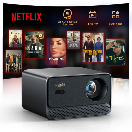 Projector with WiFi and Bluetooth, Mini-Projector: [For Netflix & AI Auto-Setup System & Live TV& 1000ANSI & 800+Built-inApps &Browser],Lisowod L03Pro 1080P Smart Portable-Outdoor-Movie Projector