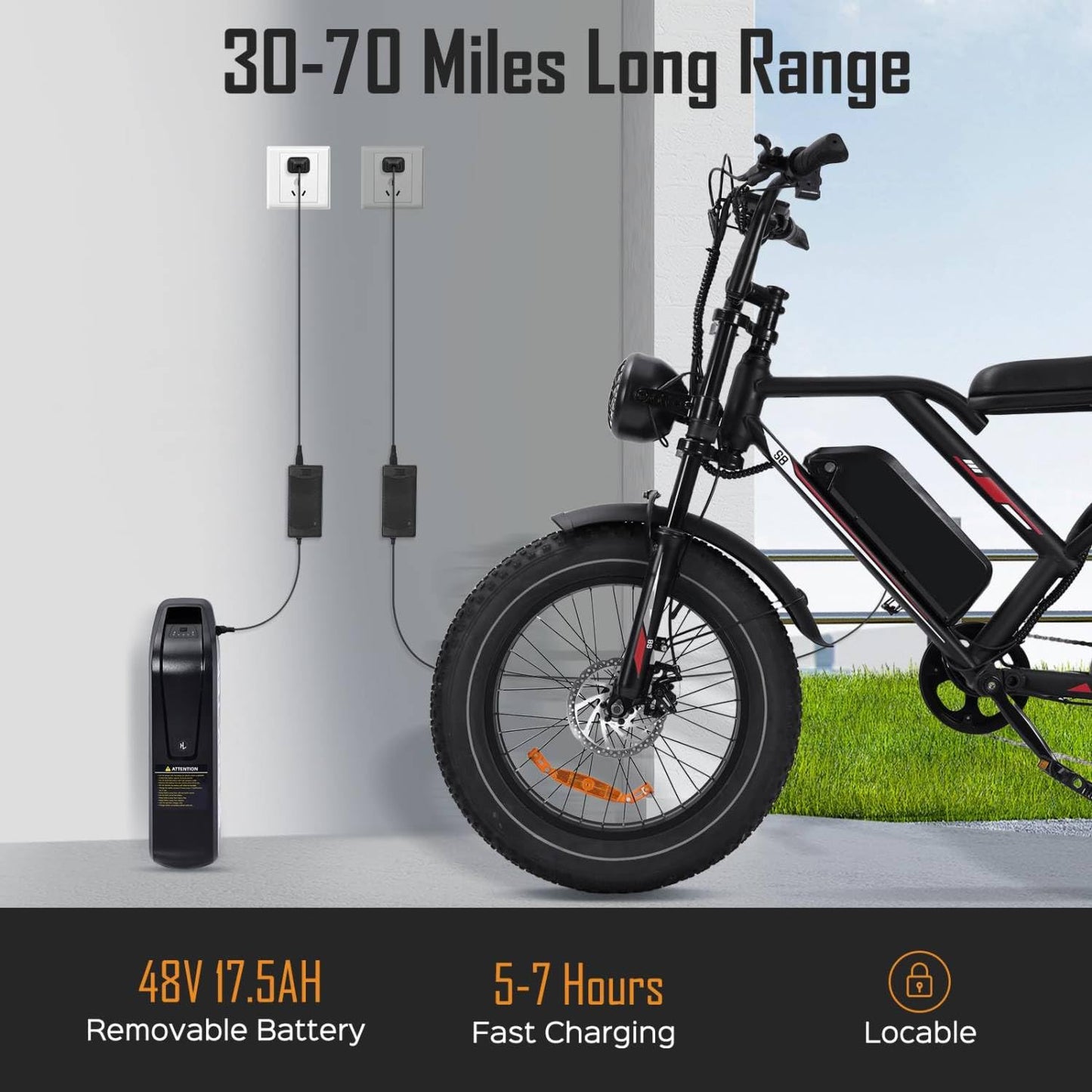EGGKING S8 Electric Bike for Adult, 1000W 20" Fat Tire 48V 17.5AH Removable Battery, Max 31-70 Miles Electric Motorcycle, 31MPH Shimano 7 Speed Disc Brake Off-Road Mountain Ebike UL2849, Black