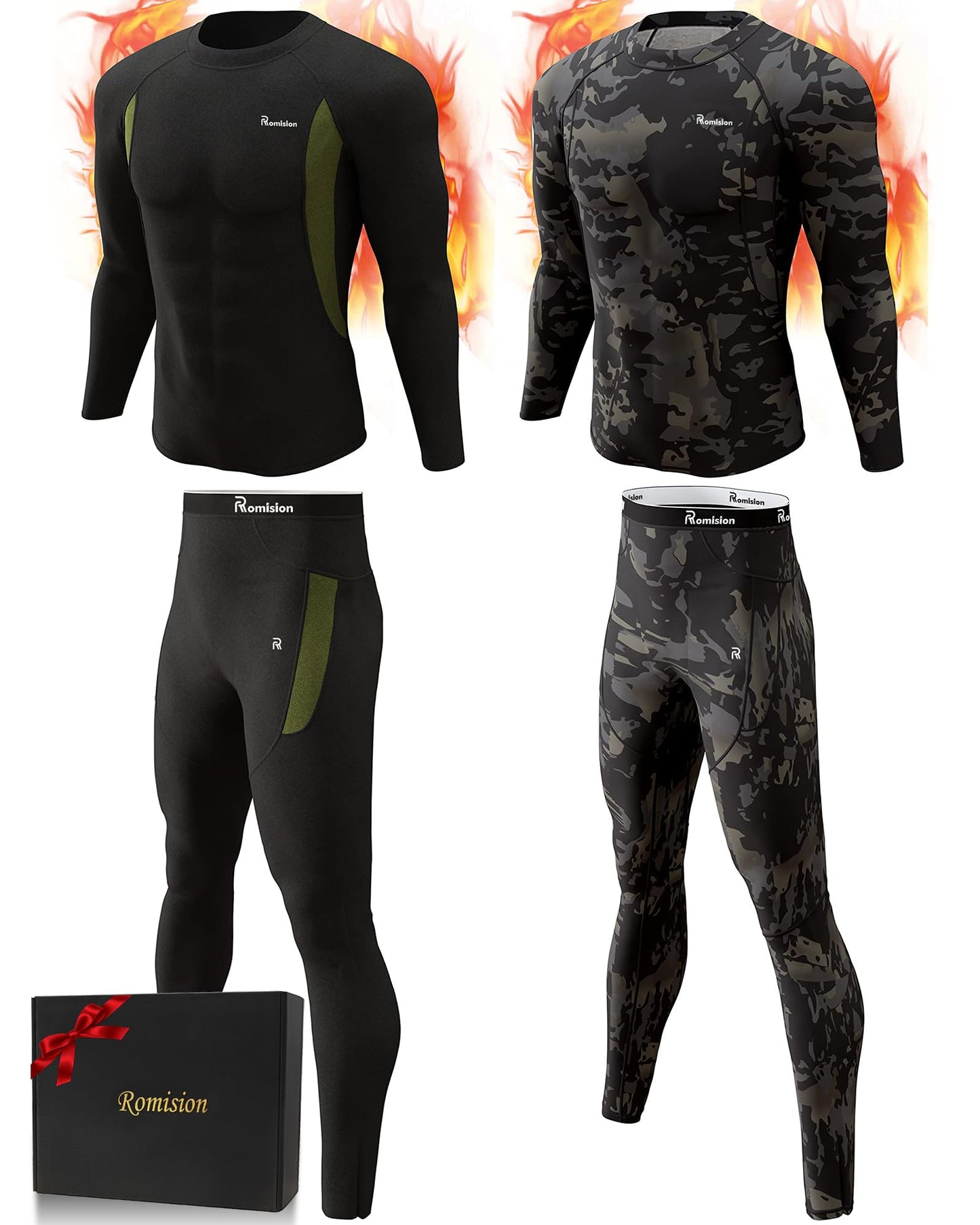 romision Thermal Underwear for Men - 2 Pack Sets Ultra Soft Long Johns - Warm Base Layers with Fleece Lined for Cold Weather