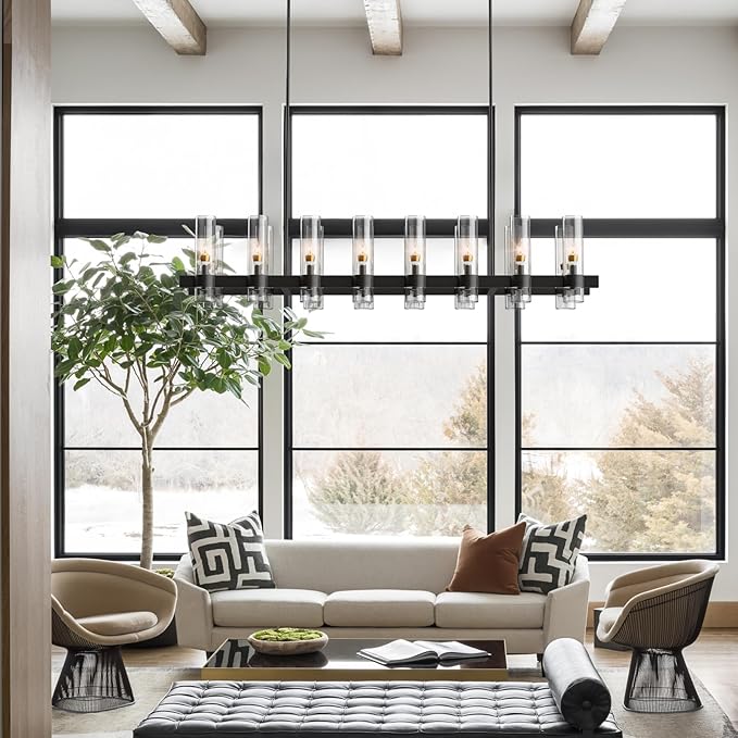 Black Kitchen Island Lighting- 16-Light Linear Chandelier, Adjustable 54'' Modern Farmhouse Rectangle Pendant Light Fixtures, Dining Room, Bedroom