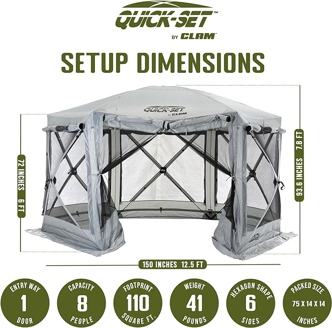 CLAM Pop Up Screen Tent, Outdoor Camping Gazebo Canopy, Pavilion, 12.5', Gray - Heavy-Duty Portable Screened Shelter with Netting for Beach, Patio, and Backyard