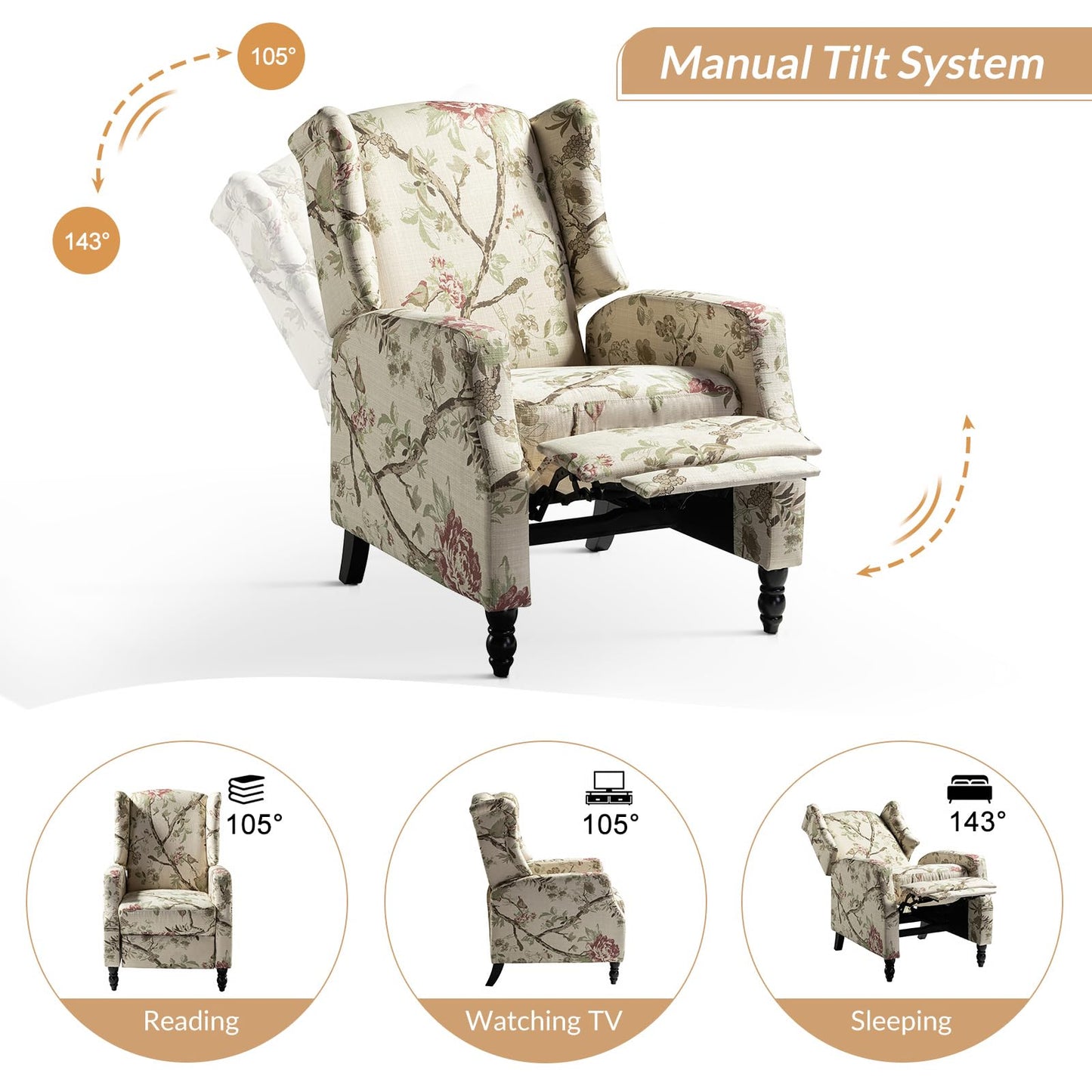 HULALA HOME Wingback Recliner Chair, Traditional Push Back Recliner Single Sofa Chair with Solid Wood Legs, Modern Lounge Armchair for Living Room, Comfy Upholstered Accent Reclining, Bird