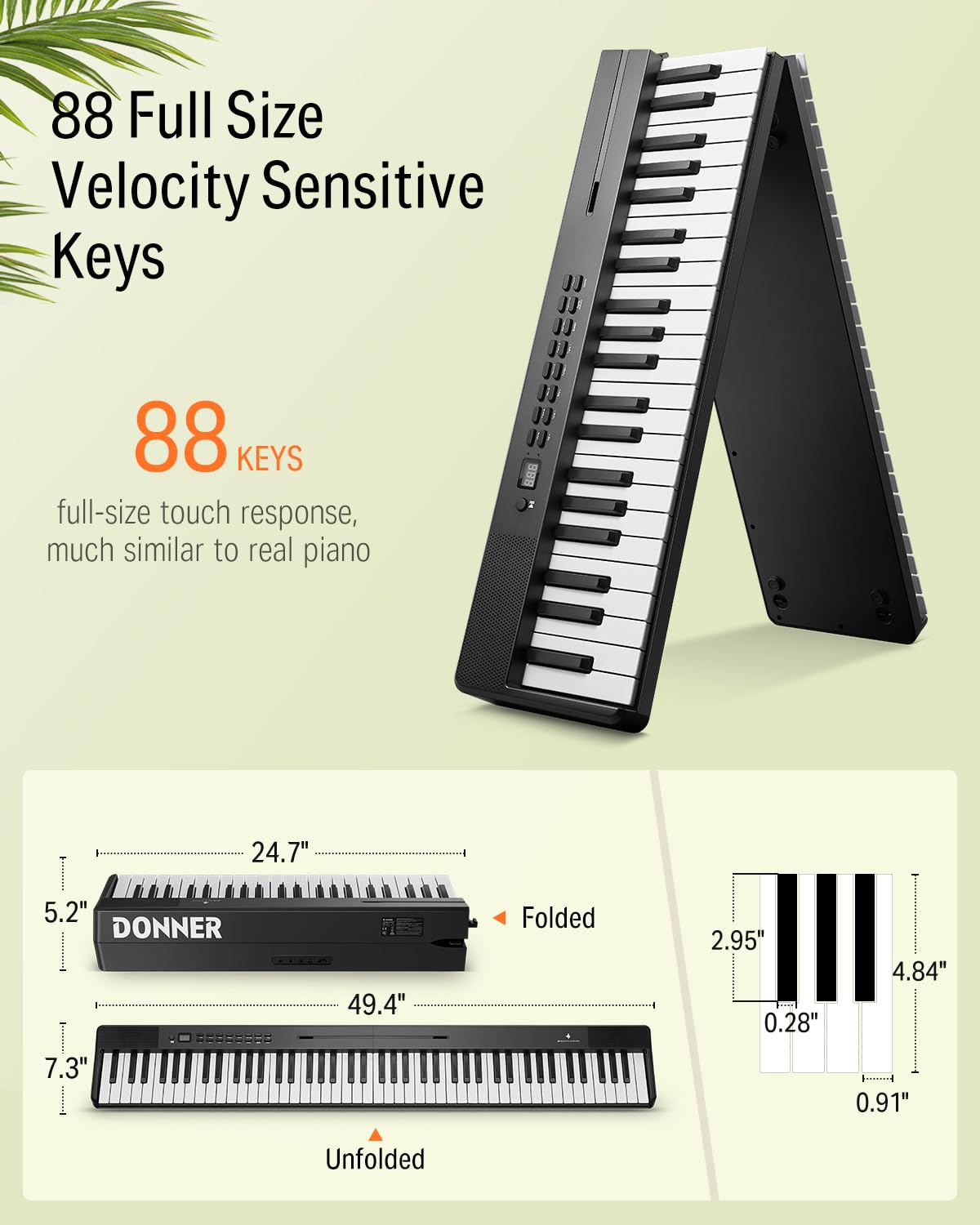 Donner DP-10 Portable Piano Keyboard 88 Keys for Beginner, Bluetooth Foldable Piano Keyboard with 128 Rhythms&Tones, Chord, Record, Drum Kit, Folding Digital Piano Bundle with Pedal, Piano Bag, Black