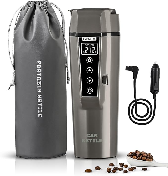 Portable Electric Car Kettle: 12V/24V Kettle Mini Water Boiler for Car Heated Travel Mug,Smart Precision Temperature Adjustment Coffee Tea Truck Cup with Handy Kettle Bag (Taupe, 400ML)