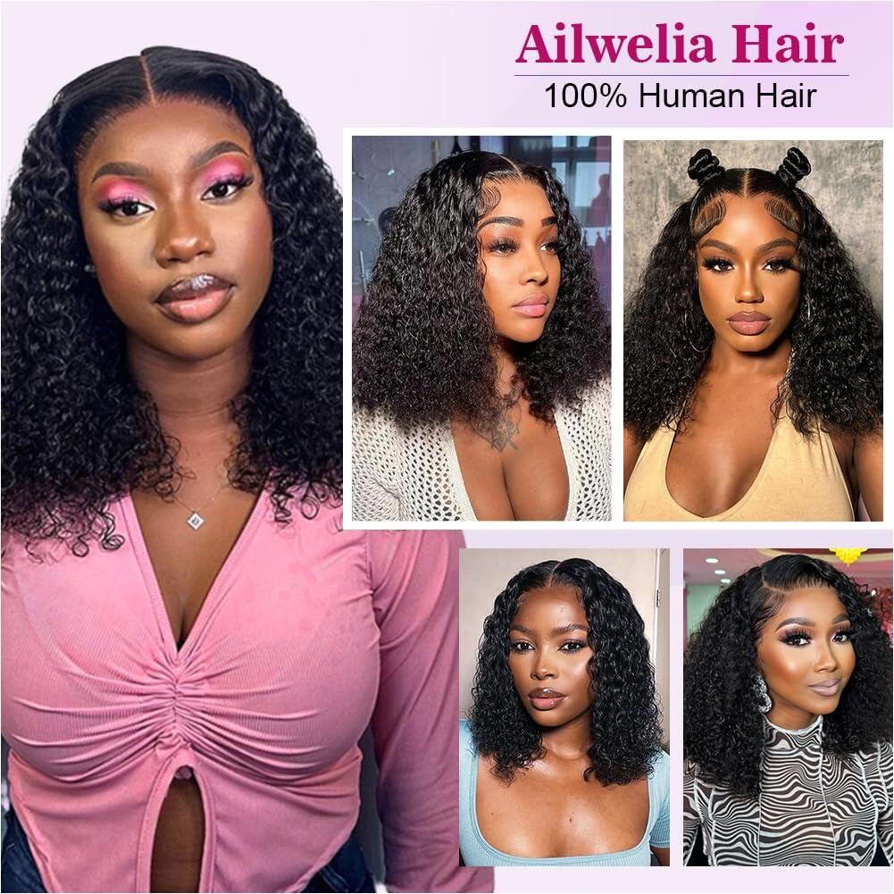 Ailwelia Deep 5x5 Hd Lace Closure Wigs Human Hair 200% Density Curly Bob Wig Deep Wave Closure Bob Wigs For Black Women Glueless Wigs Human Hair Pre Plucked 12 Inch