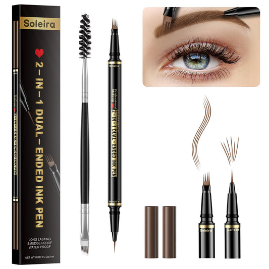 Eyebrow Pen, Soleira Waterproof Eyebrow Pencil with 4 Tip Microblading Eyebrow Pen and Dual-ended Eyebrow Brush, for Natural-Looking Brows, Long-Lasting, Soft Brown