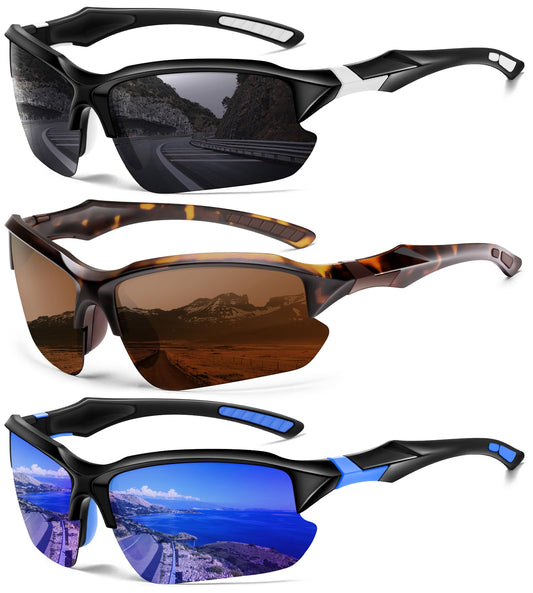 DioKiw 3PACK Sports Polarized Sunglasses for Men Cycling Running Fishing UV400 Protection Sun Glasses Lightweight Half Frame Goggles