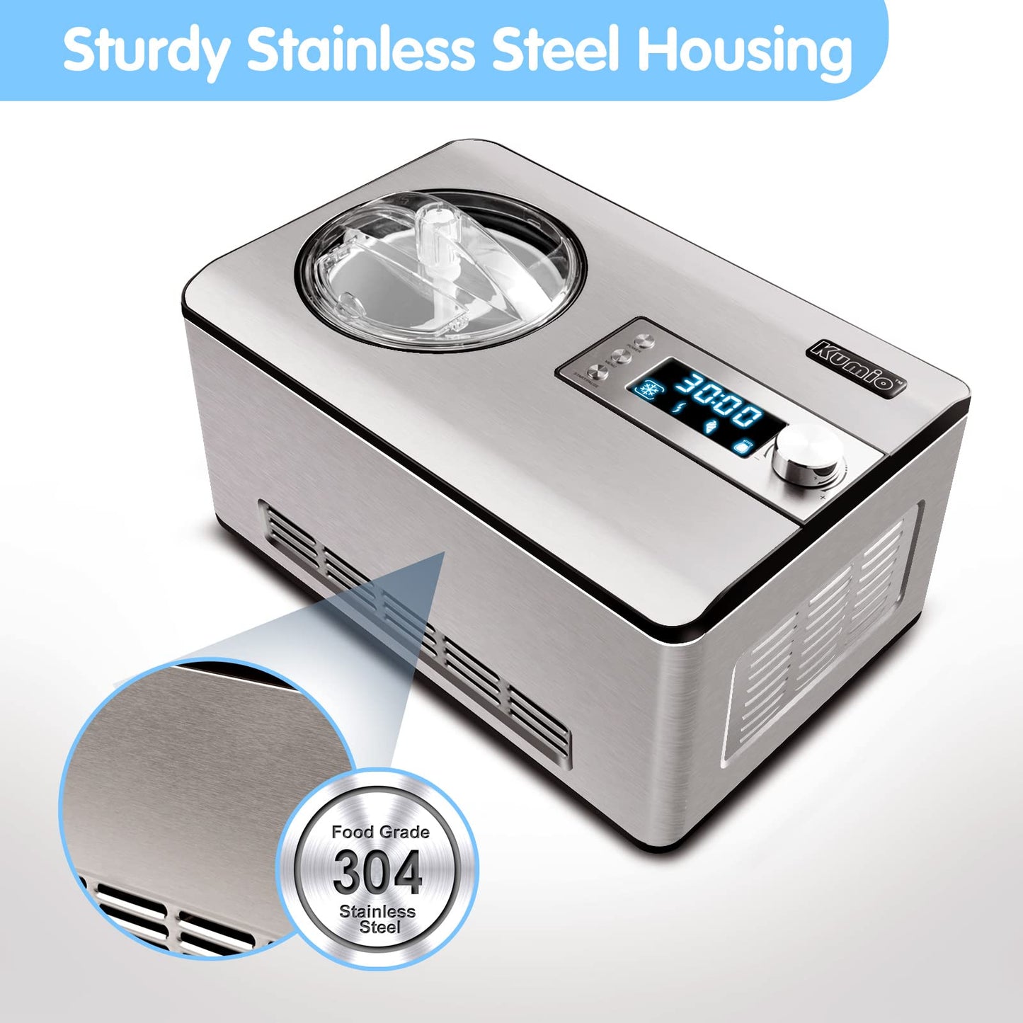 KUMIO 2.2-Quart Ice Cream Maker with Compressor, 2 in 1 Ice Cream Yogurt Machine, No Pre-Freezing, Stainless Steel Ice Cream Maker Machine with LCD Display, No Pre-Freezing