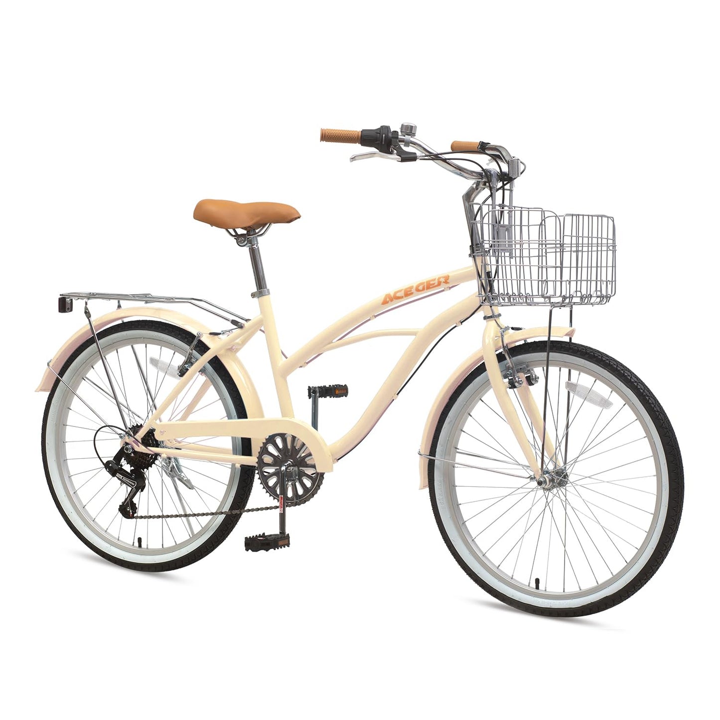 ACEGER 24 26 Inch Women Beach Cruiser Bike, Single Speed and 7 Speed, Adult Hybrid Bike Commuter Bicycle, Hi-Ten Steel Frame with Adjustable Handlebar and Saddle, Multiple Colors