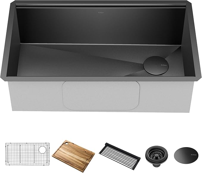 KRAUS Kore Workstation 32-inch Undermount 16 Gauge Stainless Steel Single Bowl Kitchen Sink in Gunmetal Black PVD Finish with Accessories, KWU110-32/PGM