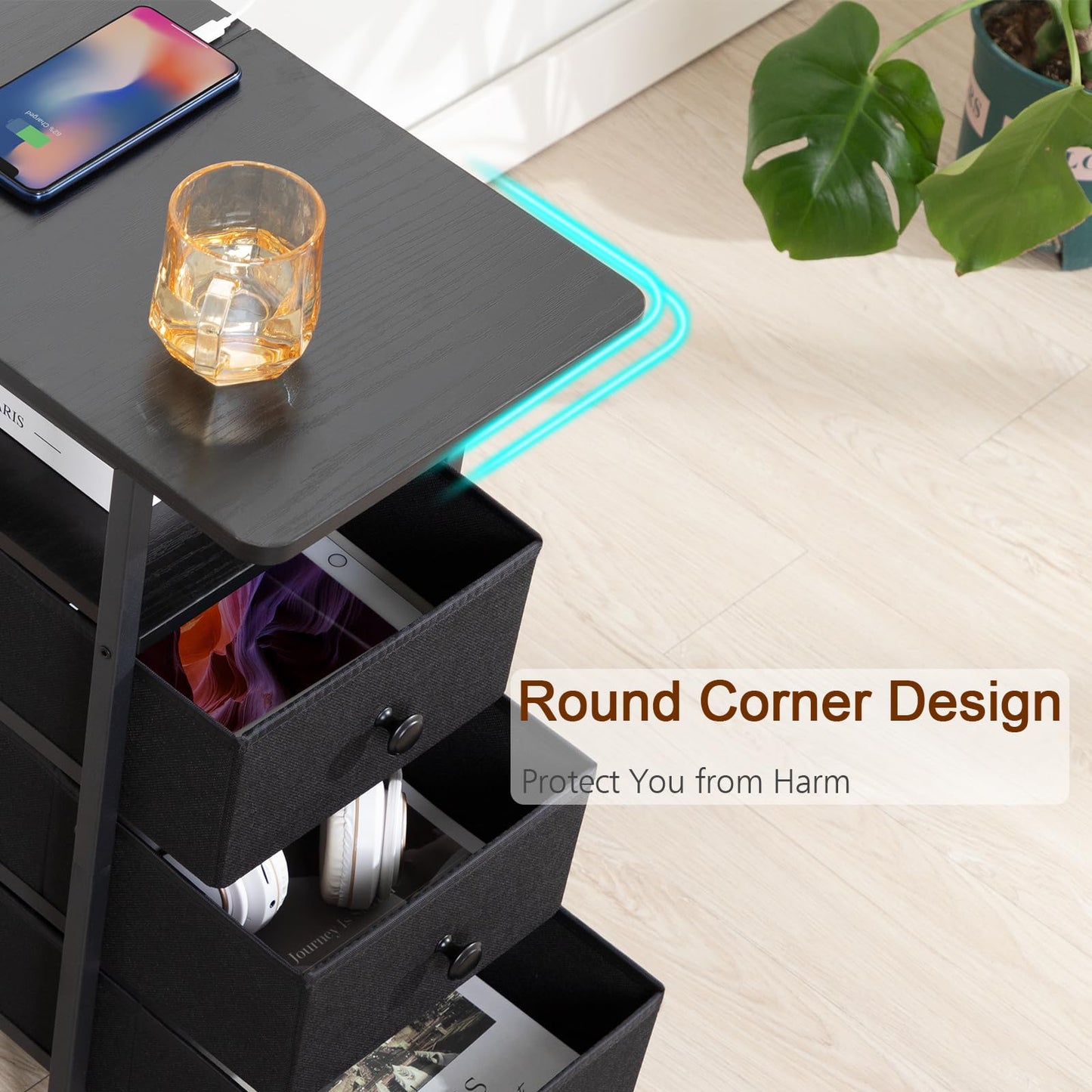 AMHANCIBLE End Tables Living Room with Charging Station, Narrow Side Table with USB Ports and Outlets, Slim Nightstand with 3 Fabric Drawers for Bedroom, Small Space, Black, HETN013BK-1