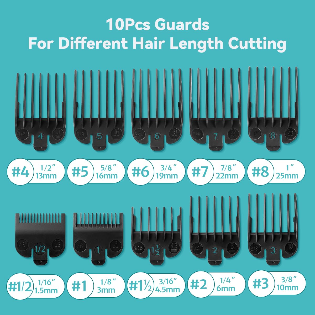 Clipper Guards Set Fits for Most Wahl Clippers and Babyliss FX870, Clipper Guides Replacement - 1/16" to 1", 10 Piece Set, Black Color
