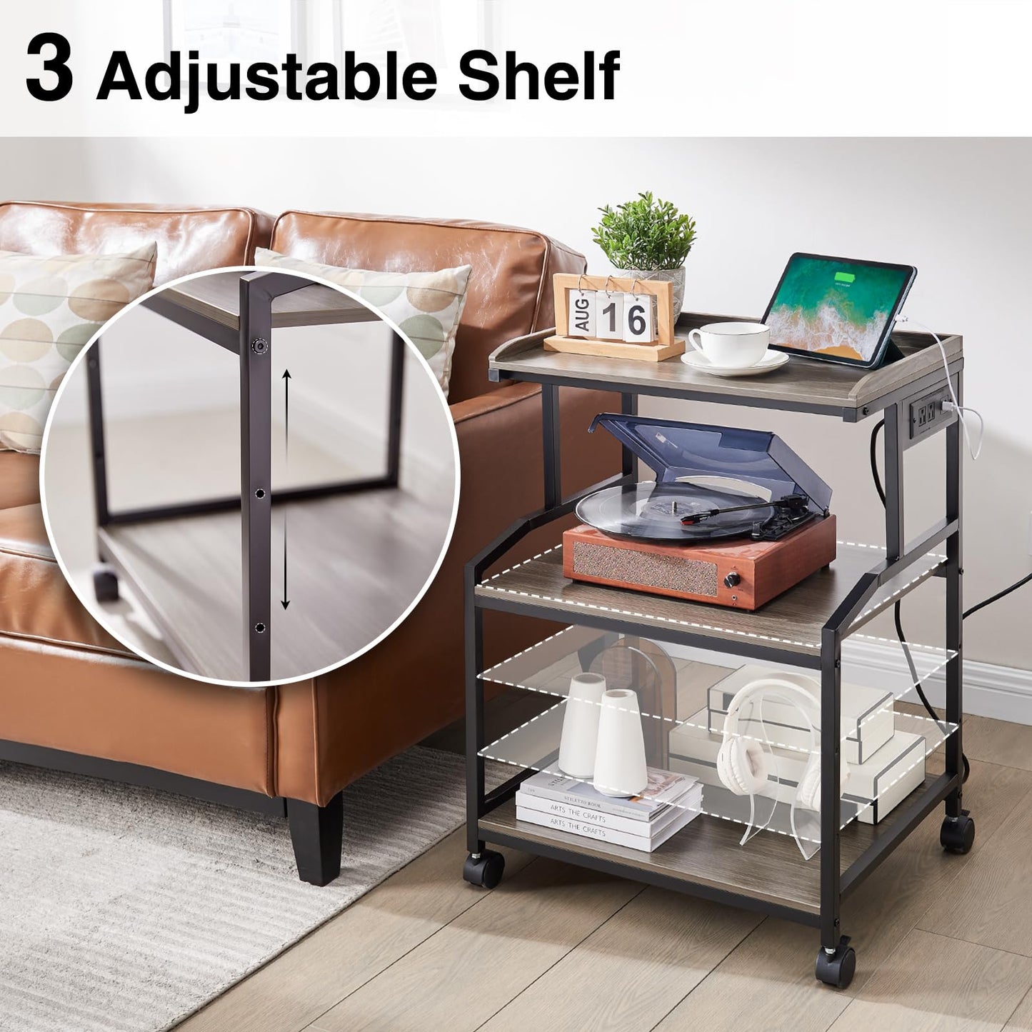 Lauren&Harold 34'' Printer Stand with Storage Printer Table with Power Outlets and USB Ports, Rolling Printer Cart with Adjustable Shelf, Large Printer Stand with Wheels for Home Office, Grey/Black