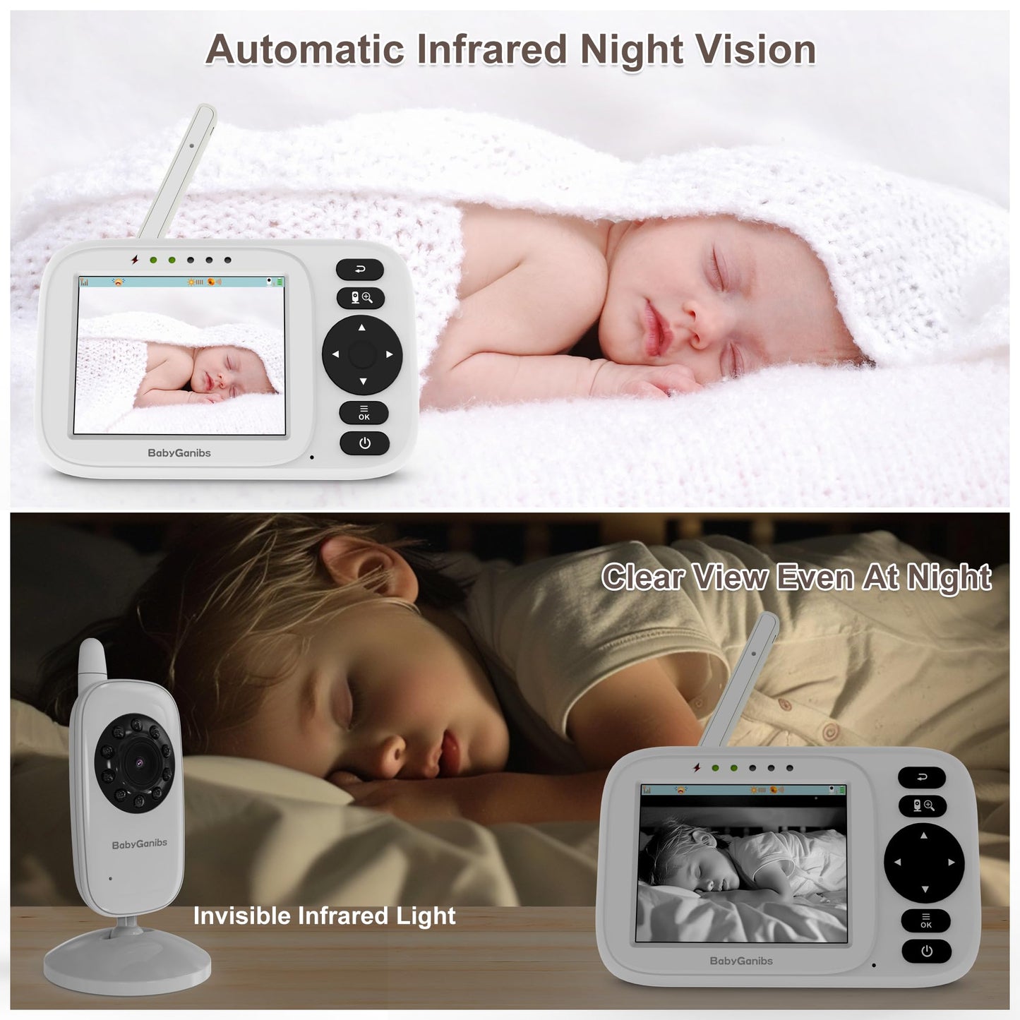 Baby Ganibs Baby Monitor with Camera and Audio, 3.2'' IPS Portable Baby Monitor No WiFi with 1000ft Long Range, Remote Pan-Tilt Video Baby Monitor, Infrared Night Vision, ECO Mode, Powerful Battery