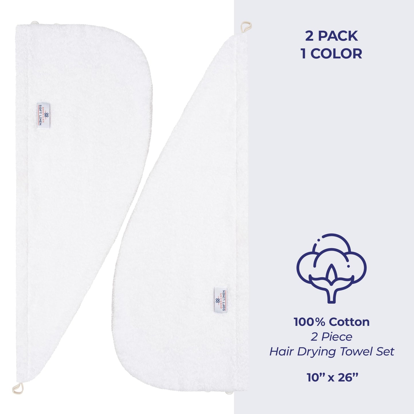 American Soft Linen 100% Cotton Hair Towels for Women, Head Towel Cap, Cotton Hair Turban Towel Wrap for Long Curly Anti Frizz Hair, Soft and Absorbent Cotton Hair Towels 2 Pack, White