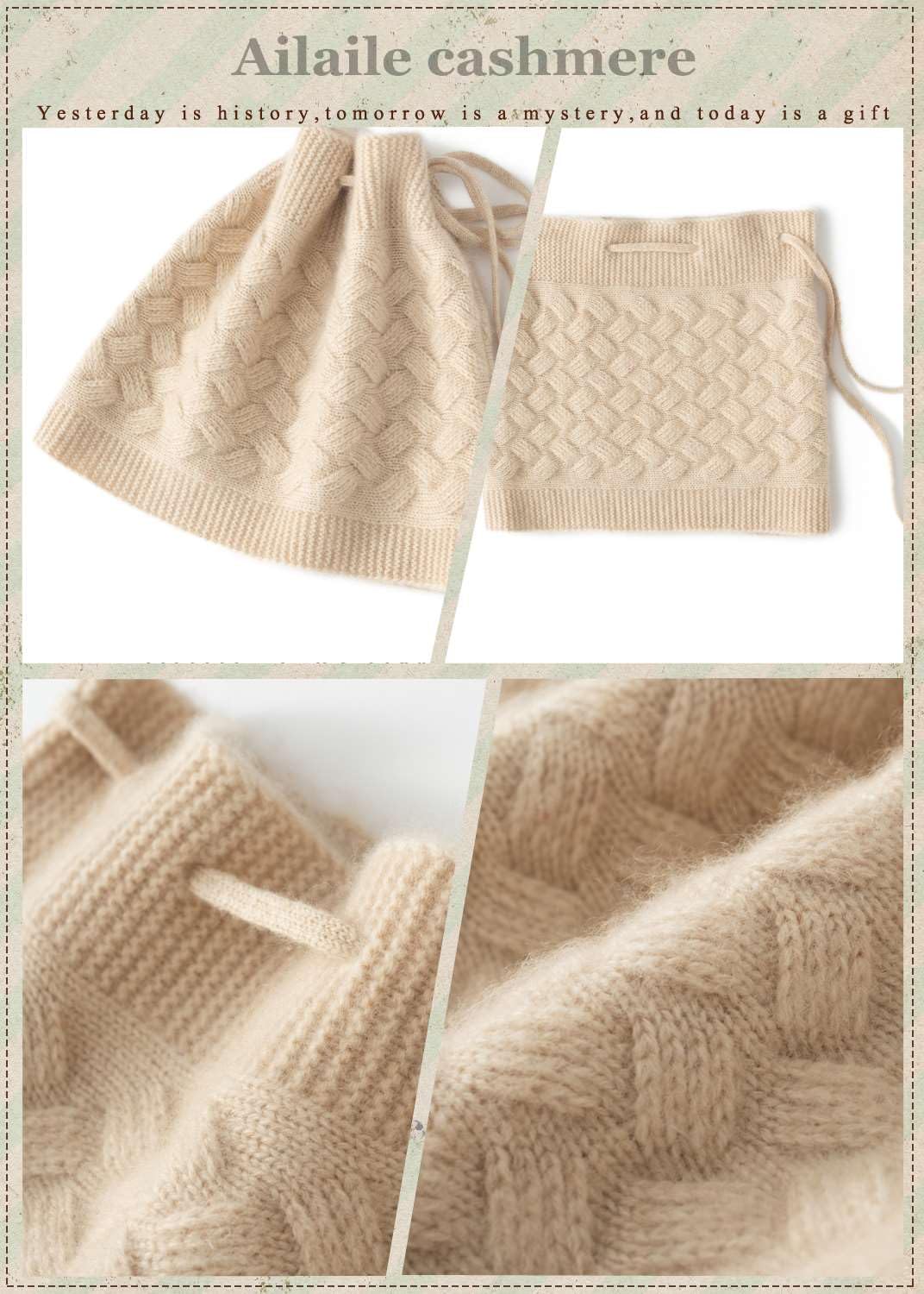 Ailaile Women's Beanie Cap Winter Warm Cashmere Merino Wool Knitted Drawstring Hats Beige