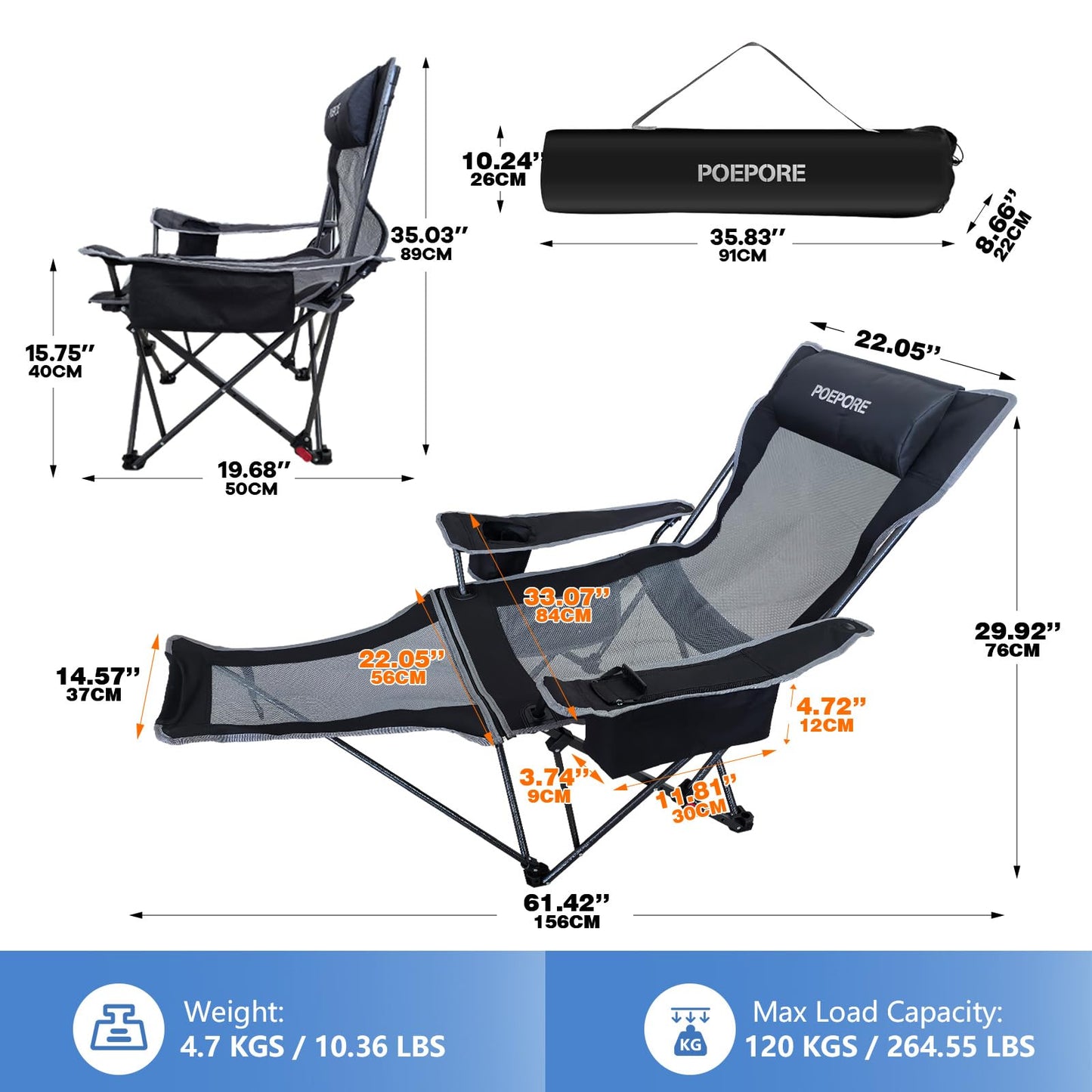 POEPORE 2-Pack Reclining Camping Chair 4 Position with Foot Rest Comfortable for Adults 265Ibs Folding Lounger Mesh Beach Chair with Cooler Bag and Cup Holder for Outdoor Patio