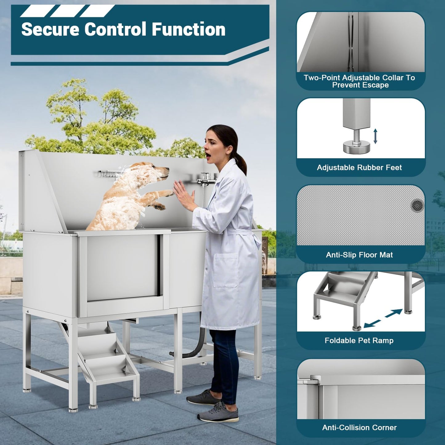 COOLYI 62'' Stainless Steel Dog Washing Station for Large Dogs, Heavy Duty Dog Grooming Bathtub with Bath Brush & Washing Gloves, Pet Bathtub for Dogs with Retractable Ramp