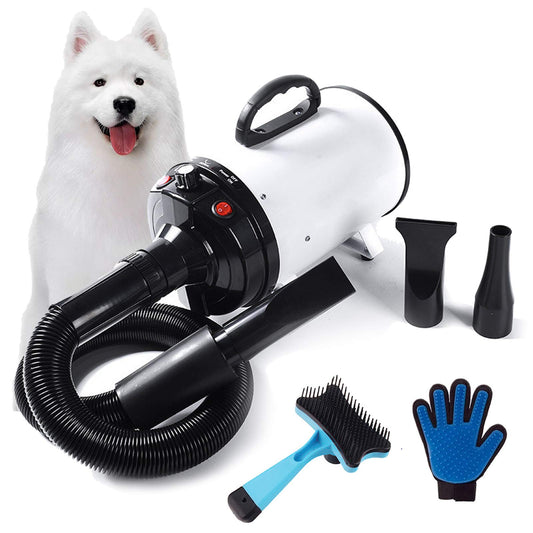 PJDDP 2400W Dog Hair Dryer Blaster Pet Grooming Hair Dryer High Velocity Motorbike Dryer with Adjustable Temperature for Dogs & Cats,with 2.3M Flexible Hose and 3 Nozzles,A Comb and A Glove,White