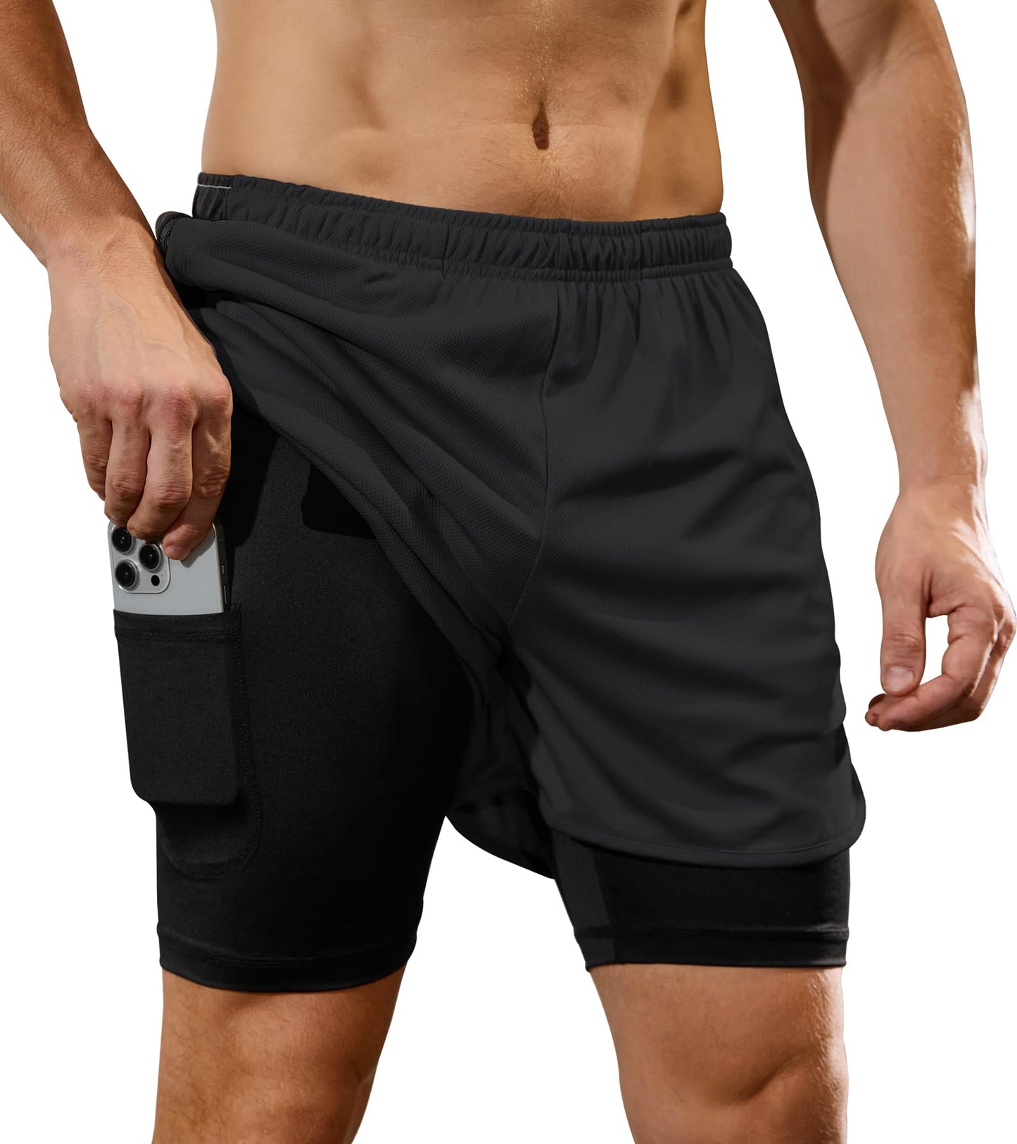 SILKWORLD Mens Running Shorts 3 Piece Quick Dry Workout Shorts Gym Shorts with Compression Liner, Black#3, Medium
